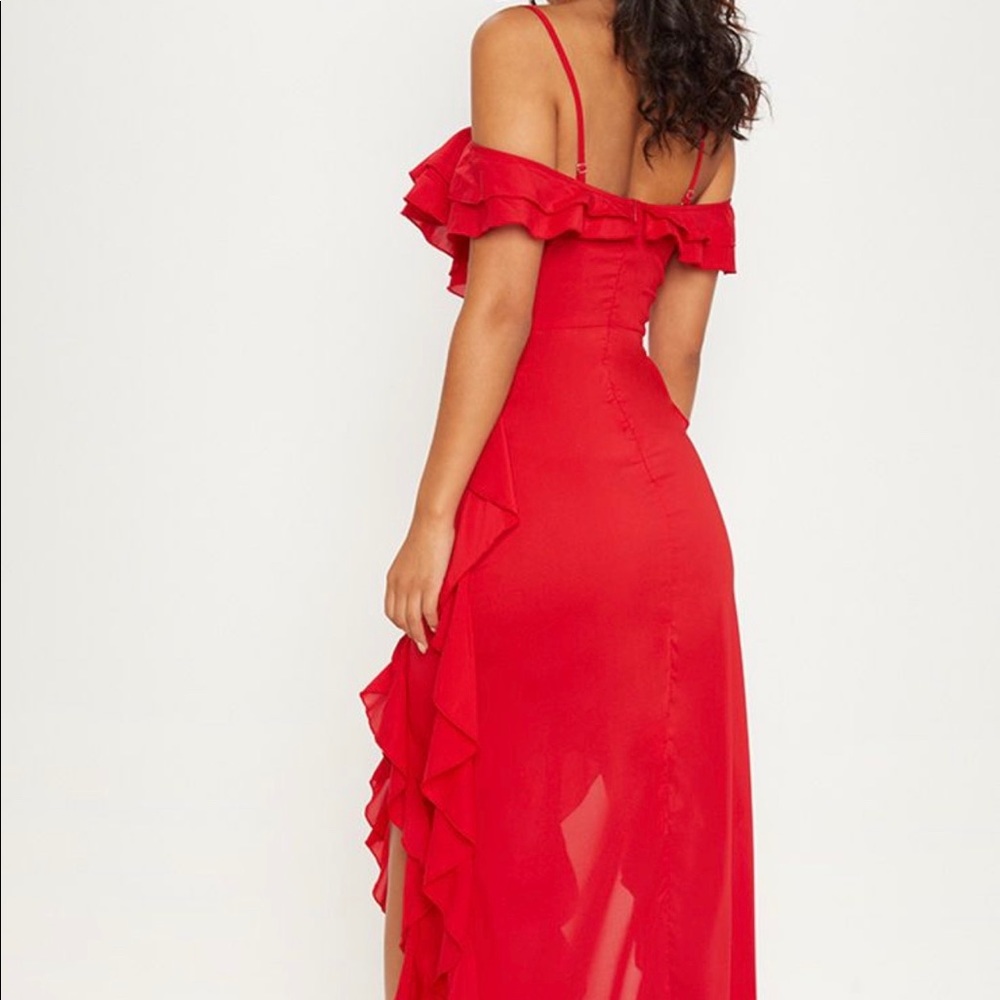 Red off the shoulder ruffle dress maxi
